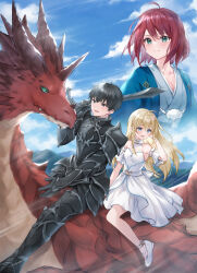 Rule 34 | 1boy, 2girls, ahoge, armor, bare shoulders, black armor, black eyes, black hair, blonde hair, blue eyes, blue kimono, braid, breasts, closed mouth, cloud, cloudy sky, copyright request, day, detached sleeves, dragon, dragon riding, dress, fantasy, flying, green eyes, hair between eyes, hand in own hair, higeneko, highres, holding, holding sword, holding weapon, japanese clothes, kimono, long hair, medium breasts, medium hair, multiple girls, novel illustration, official art, open mouth, outdoors, red hair, short hair, side braid, sky, small breasts, sword, weapon, white dress, white footwear