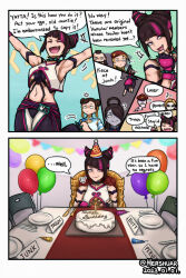 Rule 34 | armpits, balloon, beard, beret, birthday cake, black hair, blonde hair, braid, breasts, butter knife, cake, cammy white, capcom, chair, chinese clothes, chun-li, closed mouth, collar, colored skin, comic, commentary, cone hair bun, crossed arms, double bun, earrings, english commentary, english text, eyes visible through hair, facial hair, fang, female seth (street fighter), fingerless gloves, folding chair, food, fork, ghost, gloves, grey skin, hair bun, hair over one eye, han juri, happy birthday, hat, hershuar, index finger raised, jewelry, low twin braids, m. bison, mask, medium breasts, mohawk, multicolored hair, navel, open mouth, outstretched arms, party hat, party popper, pink hair, plate, pointing, sign, single hair ring, smile, smug, spiked collar, spikes, standing, standing on one leg, street fighter, street fighter 6, street fighter v, table, twin braids, two-tone hair, underboob, vega (street fighter), zangief