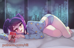 Rule 34 | 1girl, bare legs, barefoot, blue shirt, blush, can, cityscape, commentary, dolphin shorts, english commentary, full body, highres, holding, holding can, indoors, jill stingray, long sleeves, looking at viewer, lying, night, on bed, on side, pajamas, patreon username, print shirt, purple eyes, purple hair, rtil, shirt, shorts, solo, star (symbol), star print, va-11 hall-a, window