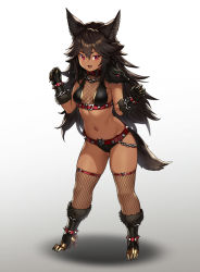 Rule 34 | 1girl, :d, animal ear fluff, animal ears, belt, belt collar, black footwear, black gloves, black hair, boots, breasts, cerberus, cerberus (houtengeki), chain, claws, collar, commentary, dark-skinned female, dark skin, dog ears, dog head, dog tail, fang, fishnets, full body, fur-trimmed boots, fur-trimmed gloves, fur trim, gloves, gradient background, grey background, hair between eyes, hands up, highres, houtengeki, long hair, looking at viewer, micro shorts, navel, open mouth, original, personification, red eyes, shorts, simple background, skindentation, small breasts, smile, solo, spiked belt, stomach, tail, very long hair