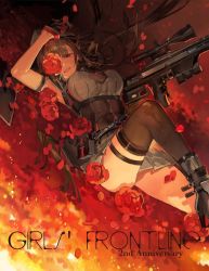 Rule 34 | 1girl, anti-materiel rifle, armpits, black footwear, black thighhighs, blast compensator, blunt bangs, blush, bolt-action rifle, bolt action, boots, breasts, brown hair, bullpup, compensator, dress, dsr-50, dsr-50 (girls&#039; frontline), flower, girls&#039; frontline, gloves, gun, hair ornament, half gloves, high heel boots, high heels, holding, holding gun, holding weapon, knee up, large breasts, long hair, looking at viewer, lying, muzzle device, on back, open mouth, pouch, red eyes, rifle, rose, sidelocks, single thighhigh, smile, sniper rifle, solo, starshadowmagician, suppressor, thigh strap, thighhighs, thighs, underbust, very long hair, weapon