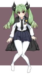 Rule 34 | 10s, 1girl, anchovy (girls und panzer), anzio school uniform, arm support, bad id, bad twitter id, belt, black belt, black cape, black necktie, black ribbon, black skirt, blouse, brown background, cape, closed mouth, commentary, dress shirt, drill hair, emblem, full body, girls und panzer, green hair, hair ribbon, hikyakuashibi, invisible chair, letterboxed, long hair, long sleeves, looking at viewer, miniskirt, necktie, no shoes, pantyhose, pleated skirt, red eyes, ribbon, school uniform, shirt, sitting, skirt, smile, solo, twin drills, twintails, white pantyhose, white shirt, wide hips, wing collar