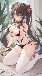 Rule 34 | 1girl, alternate breast size, alternate costume, arm support, arm under breasts, armlet, bangle, bare shoulders, black choker, black panties, black ribbon, bracelet, breast hold, breasts, brown hair, catsmoon, choker, cleavage, closed mouth, curtains, flower, flower-shaped pupils, genshin impact, hair between eyes, hair flower, hair ornament, hair ribbon, highres, hu tao (genshin impact), indoors, jewelry, large breasts, leaf, long hair, looking at viewer, no shoes, panties, panty straps, plant, plum blossoms, red eyes, red flower, ribbon, side slit, sideboob, sidelocks, sitting, smile, solo, symbol-shaped pupils, thighhighs, twintails, underwear, very long hair, white thighhighs, window, yokozuwari
