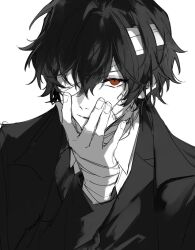 Rule 34 | 1boy, bandage over one eye, bandaged arm, bandaged neck, bandages, bungou stray dogs, collared shirt, dazai osamu (bungou stray dogs), expressionless, hair between eyes, hand on own face, highres, jacket, looking at viewer, male focus, monochrome, nozz177, parted lips, red eyes, shirt, short hair, sidelocks, simple background, solo, upper body, white background