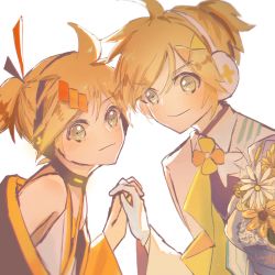 Rule 34 | 2boys, aqua eyes, backlighting, blonde hair, bouquet, collar, commentary, daisy, dual persona, floral print, flower, formal, gloves, hair ornament, hairclip, headphones, highres, holding hands, interlocked fingers, japanese clothes, kagamine len, leaning forward, libertyp39, looking at viewer, magical mirai (vocaloid), magical mirai len, male focus, multiple boys, short ponytail, signature, smile, spiked hair, suit, upper body, vocaloid, white background, white gloves, white suit