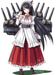 Rule 34 | 10s, 1girl, alternate costume, black hair, cannon, enmaided, floral print, full body, fusou (kancolle), hair ornament, japanese clothes, kantai collection, long hair, long skirt, looking at viewer, maid, maid headdress, pleated skirt, red eyes, rigging, simple background, skirt, solo, standing, tatsumi ray, turret, twitter username, very long hair, white background