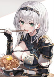 Rule 34 | 1girl, armor, black gloves, blush, braid, breasts, chest harness, chest strap, chopsticks, cleavage, drooling, eating, fingerless gloves, food, gloves, green eyes, hair behind ear, harness, headband, highres, holding, holding chopsticks, hololive, large breasts, medium hair, mole, mole on breast, mouth drool, myung yi, open mouth, pauldrons, saliva, shirogane noel, shirogane noel (1st costume), shoulder armor, side braid, silver hair, single pauldron, table, virtual youtuber, wooden table