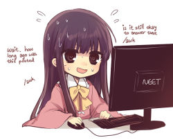 Rule 34 | 1girl, @ @, bad id, bad pixiv id, black hair, computer, dress, english text, flying sweatdrops, hime cut, houraisan kaguya, keyboard (computer), monitor, mouse (computer), open mouth, pink dress, ringed eyes, sitting, sketch, solo, sweatdrop, touhou, truth, upper body, wavy mouth, wide sleeves, yuli (yulipo)