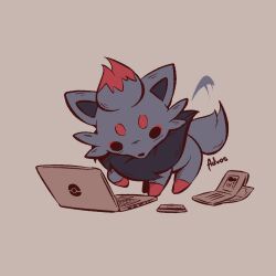 Rule 34 | advos, artist name, brown background, chibi, computer, creatures (company), credit card, full body, game freak, gen 5 pokemon, laptop, motion lines, nintendo, no humans, pokemon, pokemon (creature), simple background, solo, tail, tail wagging, wallet, zorua
