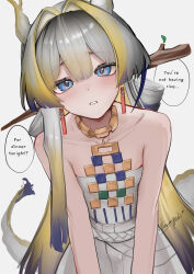 1girl absurdres arknights bare_shoulders blonde_hair blue_eyes blue_hair blush collarbone commentary cowboy_shot dragon_girl dragon_horns dragon_tail earrings english_commentary english_text grey_hair hair_between_eyes hair_intakes highres horns jewelry leaning leaning_forward long_hair looking_at_viewer multicolored_hair no_jacket parted_lips shu_(arknights) signature solo speech_bubble standing strapless tail tube_top wawamachi white_tube_top