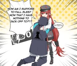 Rule 34 | 1girl, 1other, alph (sancheck), arknights, black jacket, boots, braid, cabbie hat, doctor (arknights), emphasis lines, english text, gameplay mechanics, hat, highres, horns, horns through headwear, hug, jacket, kneeling, long hair, low twintails, miniskirt, nail polish, open mouth, pointy ears, red eyes, red hair, sidelocks, skirt, speech bubble, standing, thighhighs, twintails, very long hair, vigna (arknights)