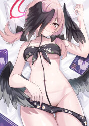 Rule 34 | 1girl, bikini, black bikini, black bow, black wings, blue archive, blush, bow, breasts, chumo 1021, closed mouth, commentary request, feathered wings, floral print, front-tie bikini top, front-tie top, hair bow, halo, hand up, head wings, highres, koharu (blue archive), koharu (swimsuit) (blue archive), looking at viewer, low twintails, low wings, lying, navel, official alternate costume, on back, one eye covered, pillow, pink hair, print bikini, red halo, small breasts, solo, swimsuit, tattoo, tearing up, twintails, wings, yellow eyes