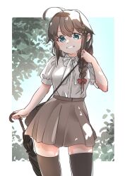 Rule 34 | 1girl, ahoge, alternate costume, black thighhighs, blue eyes, braid, brown hair, commentary request, dappled sunlight, grey skirt, hair flaps, hair over shoulder, highres, kantai collection, long hair, no chi (aka hara), parted lips, planted, planted umbrella, pleated skirt, shigure (kancolle), shirt, single braid, skirt, smile, solo, sunlight, thighhighs, umbrella, white shirt