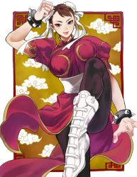 Rule 34 | 1girl, alternate color, black pantyhose, boots, bracelet, breasts, brown hair, bun cover, capcom, china dress, chinese clothes, chun-li, commentary request, cross-laced footwear, double bun, dress, earrings, eyeliner, fighting stance, hair bun, halu-ca, jewelry, knee boots, lace-up boots, large breasts, lips, makeup, pantyhose, pelvic curtain, plantar flexion, player 2, purple eyes, revision, sash, short hair, smile, solo, spiked bracelet, spikes, standing, standing on one leg, street fighter, street fighter ii (series)