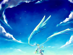Rule 34 | 1girl, ahoge, aqua hair, aqua theme, blue theme, cloud, day, detached sleeves, female focus, from behind, hatsune miku, head wings, long hair, outdoors, outstretched arms, skirt, sky, solo, spread arms, standing, sugikiyu, thighhighs, twintails, very long hair, vocaloid, wallpaper, wind, wings