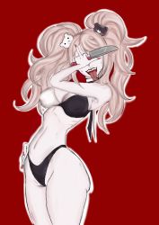 Rule 34 | 1girl, arched back, arm at side, arm up, armpits, ass, bare arms, bare legs, bear hair ornament, bending backward, bikini, black bikini, blonde hair, breasts, cleavage, covered erect nipples, covered eyes, curvy, danganronpa: trigger happy havoc, danganronpa (series), enoshima junko, fake nails, feet out of frame, fingernails, full body, hair ornament, hand on own face, hand on own hip, hand over face, hand up, highres, holding, holding knife, holding weapon, knife, long hair, middle finger, groin, nail polish, navel, niimpho, open mouth, piercing, red background, red nails, ribs, simple background, swimsuit, teeth, tongue piercing, twintails, two-tone bikini, upper teeth only, weapon