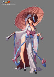 Rule 34 | 1girl, absurdres, alternate costume, bow, breasts, brown eyes, brown hair, cleavage, folded fan, folding fan, full body, geisha, grey background, hair ornament, hair tie, hand fan, high heels, high ponytail, highres, japanese clothes, kimono, large breasts, looking at viewer, mulin, obi, oil-paper umbrella, one eye closed, parted lips, pink bow, platform clogs, ponytail, sash, shiranui mai, side slit, snk, solo, standing, the king of fighters, thighs, umbrella, white legwear, wide sleeves