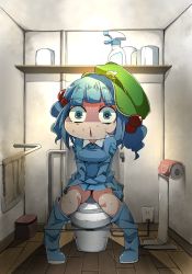 Rule 34 | 1girl, absurdres, bathroom, black panties, blue eyes, blue footwear, blue hair, blue shirt, blue skirt, boots, bottle, breast pocket, breasts, cabbie hat, electrical outlet, eyebrows, flanvia, hands on lap, hat, highres, indoors, jewelry, kawashiro nitori, key, key necklace, knee boots, light, looking at viewer, matching hair/eyes, necklace, nervous sweating, open mouth, panties, panty pull, pocket, rubber boots, shirt, shirt pocket, short hair, skirt, solo, spray bottle, sweat, tearing up, thighs, toilet, toilet paper, toilet use, touhou, towel, trash can, two side up, underwear, wavy eyes