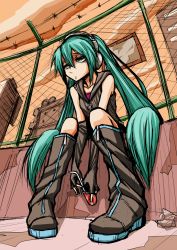 Rule 34 | 1girl, bad id, bad pixiv id, barbed wire, boots, chain-link fence, elbow gloves, fence, fingerless gloves, gloves, green eyes, green hair, hatsune miku, headphones, highres, knee boots, long hair, matching hair/eyes, norennukarumi, nukarumi noren, sitting, solo, twintails, very long hair, vocaloid