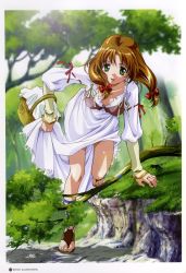 Rule 34 | 1girl, absurdres, artbook, basket, bra, brown hair, dress, forest, green eyes, highres, jewelry, lingerie, long legs, megami magazine, mew (words worth), nature, official art, ribbon, rin-sin, ring, sandals, scan, solo, underwear, words worth