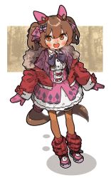 Rule 34 | 1girl, amonitto, animal ears, blush, bow, breath, brown hair, coat, commentary request, dress, ear covers, full body, fur-trimmed coat, fur trim, gloves, hair bow, highres, horse ears, horse girl, horse tail, leg warmers, long sleeves, looking at viewer, open mouth, orange legwear, outstretched arms, pink gloves, red coat, shoes, skirt, smart falcon (umamusume), sneakers, solo, spread arms, standing, suspender skirt, suspenders, tail, twintails, umamusume, upper body, white dress, yellow eyes