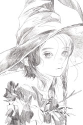 Rule 34 | 1girl, :|, asymmetrical hair, blunt ends, blush, braid, closed mouth, crosshatching, expressionless, eyebrows, eyelashes, frills, from side, greyscale, hat, hatching (texture), highres, linear hatching, looking at viewer, looking to the side, matayoshi, monochrome, nose blush, original, pointy ears, short hair with long locks, side braid, simple background, single braid, sketch, solo, stick, symbol-only commentary, upper body, white background, witch, witch hat