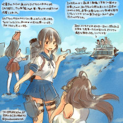 Rule 34 | 3girls, admiral (kancolle), ahoge, akagi (kancolle), artist self-insert, brown hair, commentary request, dated, detached sleeves, fubuki (kancolle), hairband, hat, japanese clothes, kantai collection, kirisawa juuzou, kongou (kancolle), long hair, multiple girls, non-human admiral (kancolle), numbered, peaked cap, pleated skirt, pointing, revision, school uniform, serafuku, skirt, tokyo big sight, traditional media, translation request, twitter username