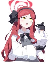 Rule 34 | 1girl, black gloves, blue archive, bow, bowtie, coat, dress, elbow rest, gloves, grey dress, halo, highres, long hair, long sleeves, looking to the side, nervous, open mouth, red hair, shirt, simple background, solo, sweatdrop, takane (blue archive), uni gyoza, upper body, white background, white coat, white shirt, yellow eyes