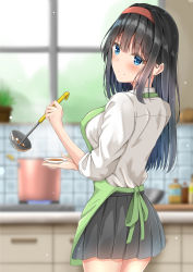 Rule 34 | 1girl, apron, black hair, black shirt, blue eyes, breasts, cabinet, closed mouth, commentary request, cooking, from behind, hair intakes, head tilt, highres, holding, holding ladle, kitchen, ladle, looking back, medium breasts, original, plant, pleated skirt, pot, potted plant, red hair, school uniform, shirt, skirt, smile, solo, standing, stove, sunsun2812, tile wall, tiles, white shirt, window