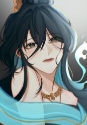 Rule 34 | 1girl, algorhythm project, bare shoulders, black hair, closed mouth, commentary request, evalia (algorhythm project), green eyes, highres, jewelry, kaiijeaw kl1, long hair, multicolored hair, necklace, solo, thai clothes, virtual youtuber