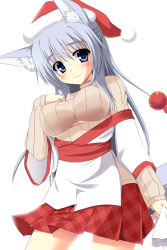 Rule 34 | 1girl, animal ears, blue eyes, blue hair, blush, breasts, christmas, cowboy shot, fur trim, hair between eyes, hair ornament, hairclip, hand on own chest, hat, highres, holding, japanese clothes, kimono, large breasts, light smile, long hair, looking at viewer, matching hair/eyes, miniskirt, off shoulder, open clothes, original, plaid, plaid skirt, pleated skirt, ribbed sweater, sack, santa hat, shirasu youichi, shirt, short kimono, side slit, silver hair, simple background, skirt, smile, solo, standing, sweater, tail, tatese tamiko, turtleneck, very long hair, white background, wide sleeves