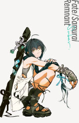 Rule 34 | 1other, ahoge, alternate costume, androgynous, aqua ribbon, armrest, black footwear, black hair, braid, braided ponytail, character name, copyright name, fate/samurai remnant, fate (series), fingerless gloves, footwear ribbon, full body, gloves, hair intakes, hair ribbon, highres, hiking sandals, huangdanlan, long hair, ribbon, sandals, shorts, simple background, solo, squatting, striped clothes, striped shorts, sword, vertical-striped clothes, vertical-striped shorts, weapon, weapon bag, weapon on back, yamato takeru (fate)