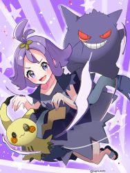 Rule 34 | 1girl, :d, acerola (pokemon), blush, collarbone, commentary request, creatures (company), dress, flip-flops, flipped hair, game freak, gen 1 pokemon, gen 7 pokemon, gengar, grey dress, grey eyes, hair ornament, hairclip, hands up, highres, medium hair, mimikyu, multicolored clothes, multicolored dress, nintendo, open mouth, pokemon, pokemon (creature), pokemon sm, purple background, purple hair, sandals, short sleeves, smile, star (symbol), tongue, topknot, torn clothes, torn dress, yuu (mwms4882)
