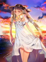 Rule 34 | 10s, 1girl, 2016, astarone, beach, black hat, blue eyes, blurry, bracelet, breasts, closed mouth, dated, depth of field, detached sleeves, dress, eyebrows, eyelashes, fate/grand order, fate (series), flower, frills, hair ornament, hat, jewelry, light brown hair, light particles, long hair, looking at viewer, marie antoinette (fate), marie antoinette (fate/grand order), marie antoinette (swimsuit caster) (fate), marie antoinette (swimsuit caster) (second ascension) (fate), ocean, off-shoulder dress, off shoulder, outdoors, seashell, shade, shell, sky, small breasts, smile, solo, spaghetti strap, standing, starfish, summer, twilight, twintails, twitter username, very long hair, waves, white dress, white flower