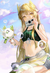Rule 34 | 1girl, absurdres, apron, arknights, bare arms, bare shoulders, bimo (bimo koa), blonde hair, camera, closed mouth, collarbone, commentary, day, elf, green apron, green sports bra, grey apron, hand up, highres, holding, holding camera, light blush, light particles, long hair, looking at viewer, midriff, mole, mole under eye, muelsyse (arknights), navel, outdoors, pointy ears, polaroid camera, ribbon, smile, soap bubbles, solo, sparkle, sports bra, sunlight, waist apron, white ribbon, yellow eyes