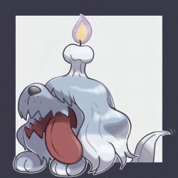 Rule 34 | animal focus, candle, commentary, creatures (company), dog, fire, fire, game freak, greavard, highres, jeri20, nintendo, no humans, open mouth, outline, pokemon, pokemon (creature), solo, tongue, tongue out, wavy mouth