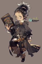 Rule 34 | 1girl, black hair, book, earrings, final fantasy, final fantasy xiv, full body, glasses, hair ornament, hairclip, highres, jewelry, lalafell, long coat, looking at viewer, pigeon666, short hair, simple background, standing, summoner (final fantasy), warrior of light (ff14), yellow eyes
