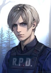 Rule 34 | 1boy, absurdres, bare tree, blood, blood on clothes, blue eyes, bulletproof vest, closed mouth, highres, leon s. kennedy, light brown hair, looking at viewer, male focus, police, police uniform, resident evil, resident evil 4, romania-chan (artist), short hair, solo, tree, uniform