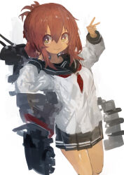 Rule 34 | 1girl, absurdres, black sailor collar, black skirt, brown hair, folded ponytail, hair between eyes, highres, inazuma (kancolle), kaamin (mariarose753), kantai collection, long sleeves, looking at viewer, machinery, neckerchief, pleated skirt, red neckerchief, rigging, sailor collar, school uniform, serafuku, simple background, skirt, smile, solo, turret, v, white background, yellow eyes