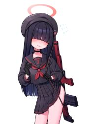 Rule 34 | 1girl, 28 (282teeth), ass, assault rifle, bare legs, beret, black choker, black gloves, black hair, black hat, black sailor collar, black serafuku, black shirt, black skirt, blue archive, blunt bangs, blush, choker, closed mouth, collarbone, commentary request, contrapposto, cowboy shot, em-2, faceless, faceless female, flying sweatdrops, gloves, gun, halo, hat, highres, justice task force member (blue archive), long hair, long sleeves, looking at viewer, neckerchief, pleated skirt, red neckerchief, rifle, sailor collar, school hat, school uniform, serafuku, shirt, sidelocks, simple background, skirt, solo, standing, straight hair, thighs, wavy mouth, weapon, white background