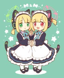 Rule 34 | 2girls, :3, animal ear headphones, animal ears, apron, black dress, black footwear, blonde hair, blue archive, blue ribbon, blush, cat ear headphones, cat ears, cat tail, closed mouth, commentary, dress, fake animal ears, fake tail, frilled apron, frills, full body, green background, green eyes, green halo, halo, headphones, holding hands, interlocked fingers, long sleeves, looking at viewer, maid, maid apron, maid headdress, midori (blue archive), midori (maid) (blue archive), momoi (blue archive), momoi (maid) (blue archive), multiple girls, neck ribbon, onyhakase, pantyhose, pink eyes, pink halo, puffy long sleeves, puffy sleeves, ribbon, shoes, short hair, short twintails, siblings, simple background, sisters, smile, standing, star (symbol), tail, twins, twintails, white apron, white pantyhose