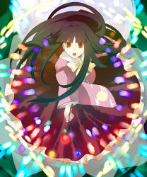 Rule 34 | 1girl, :o, bad id, bad pixiv id, blunt bangs, bow, bowtie, branch, collar, danmaku, female focus, from above, glowing, houraisan kaguya, long hair, looking at viewer, looking up, magic, marble (toy), open mouth, red eyes, solo, touhou, umishima senbon, very long hair, yellow bow, yellow bowtie