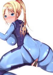 Rule 34 | 1girl, artist request, blonde hair, blue eyes, blush, censored, crotch cutout, from behind, highres, looking back, metroid, nintendo, ponytail, pussy, samus aran, solo, zero suit
