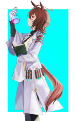 Rule 34 | 1girl, agnes tachyon (umamusume), ahoge, animal ears, arm up, black necktie, black shirt, book, brown hair, closed mouth, coat, collared shirt, feet out of frame, flask, from side, gloves, hair between eyes, highres, holding, holding book, holding flask, horse ears, horse girl, horse tail, long hair, necktie, open book, open clothes, open coat, red eyes, riko (ri cotta c), round-bottom flask, shirt, short hair, sleeves past fingers, sleeves past wrists, smile, solo, standing, sweater, tail, test tube, umamusume, white gloves, yellow sweater