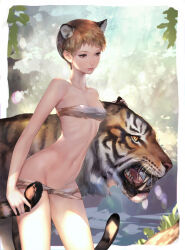 Rule 34 | 1girl, animal ear fluff, animal ears, border, breasts, brown eyes, brown hair, closed eyes, hand on animal, highres, hitowa, lips, looking afar, looking down, mole, mole under eye, navel, original, outside border, rags, short hair, small breasts, solo, tail, tiger, tiger ears, tiger girl, tiger tail, torn clothes, white border, yellow eyes