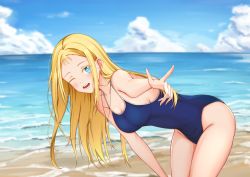 Rule 34 | 1girl, absurdres, backon, beach, blonde hair, blue eyes, blue one-piece swimsuit, blue sky, breasts, cloud, commentary, competition school swimsuit, cowboy shot, day, forehead, highres, horizon, kofune ushio, large breasts, leaning forward, long hair, ocean, one-piece swimsuit, one eye closed, outdoors, school swimsuit, sky, solo, summertime render, swimsuit, very long hair