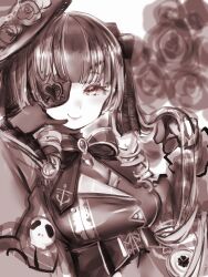 Rule 34 | 1girl, bodystocking, bow, bowtie, brown theme, cleavage, closed mouth, eyepatch, flower, gloves, hat, hat flower, heart, heart eyepatch, heart necklace, highres, hololive, houshou marine, jacket, jewelry, looking at viewer, monochrome, nanashi (nlo), necklace, pinky out, rose, seductive smile, see-through, see-through cleavage, smile, solo, twintails, upper body, virtual youtuber