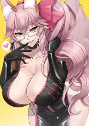 Rule 34 | 1girl, animal ear fluff, animal ears, black bodysuit, black choker, bodysuit, bow, breasts, center opening, choker, cleavage, collarbone, fate/grand order, fate (series), finger to mouth, fox ears, fox girl, fox tail, glasses, grin, hair between eyes, hair bow, heart, hip vent, koyanskaya (assassin) (first ascension) (fate), koyanskaya (fate), large breasts, leaning forward, long hair, looking at viewer, pink bow, pink hair, ponytail, sidelocks, smile, solo, spoken heart, tail, tamamo (fate), thighs, tukisaya, yellow background, yellow eyes