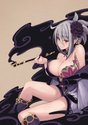 Rule 34 | 1girl, absurdres, aura, bare shoulders, bell orgel, blush, boots, breast tattoo, breasts, cleavage, commentary request, dark aura, flower, grey hair, hair flower, hair ornament, highres, holding, holding smoking pipe, japanese clothes, kimono, kiseru, knee boots, large breasts, looking at viewer, monster girl encyclopedia, monster girl encyclopedia ii, nurarihyon (monster girl encyclopedia), obi, off shoulder, purple eyes, sash, seductive smile, short hair, short kimono, short ponytail, side ponytail, simple background, smile, smoke, smoking pipe, solo, tattoo, weapon, wide sleeves