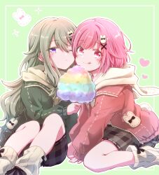 Rule 34 | 2girls, :q, alternate color, brown skirt, cotton candy, food, green hair, green jacket, grey background, hair ornament, highres, holding, holding food, jacket, kusanagi nene, long sleeves, looking at viewer, low-tied sidelocks, matching outfits, multiple girls, oekakimmy, one eye closed, ootori emu, osanpo usa-chan coord (project sekai), pink eyes, pink hair, pink jacket, plaid, plaid skirt, project sekai, purple eyes, rabbit hair ornament, short hair, simple background, sitting, skirt, smile, socks, tongue, tongue out, white socks, x hair ornament